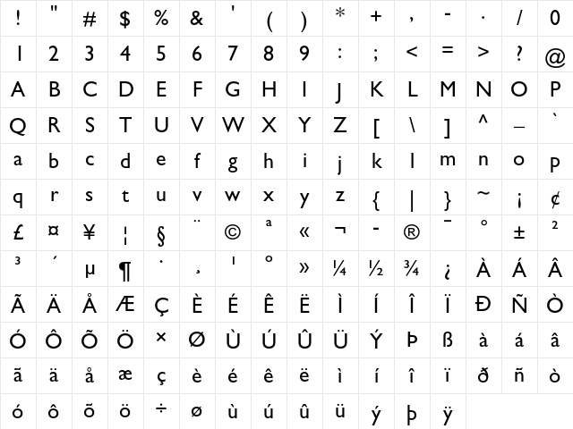 Gill Sans Regular Character Map