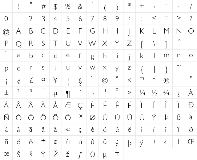 Gill Sans MT Std Light Character Map Gill Sans MT Std Light Character Map