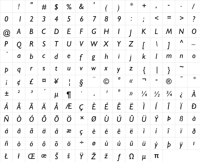Gill Sans MT Std Medium Italic Character Map