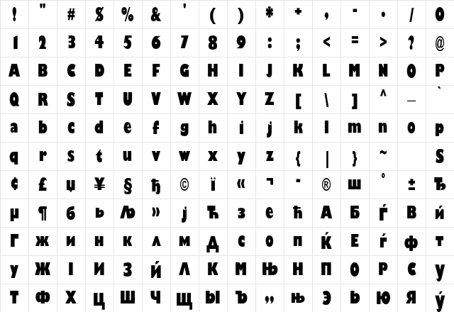 GillSansSA-UltraBoldCondenced Regular Character Map