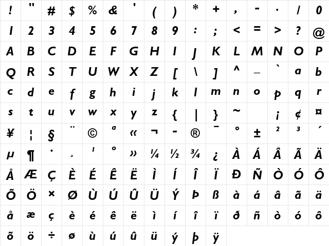 Gill Sans Std Bold Italic Character Map