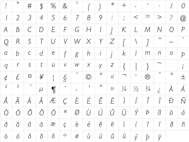 Gill Sans Std Light Italic Character Map