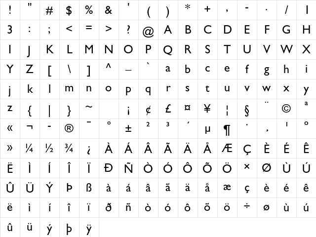 Gill Sans Std Regular Character Map