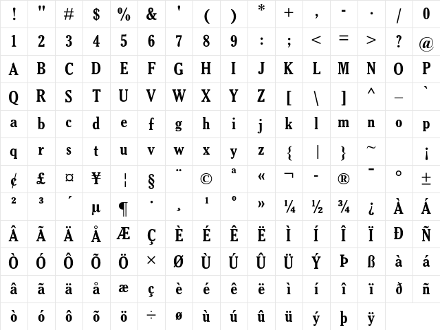 Gloucester MT Std Bold Cond Character Map