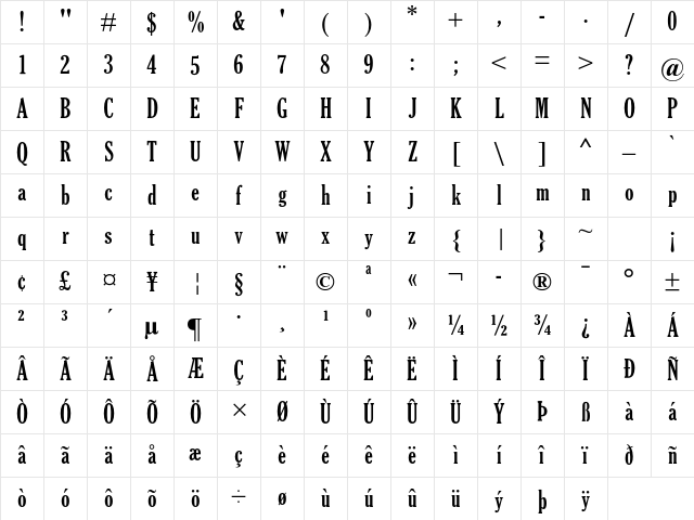 Gloucester MT Std Bold ExtCond Character Map
