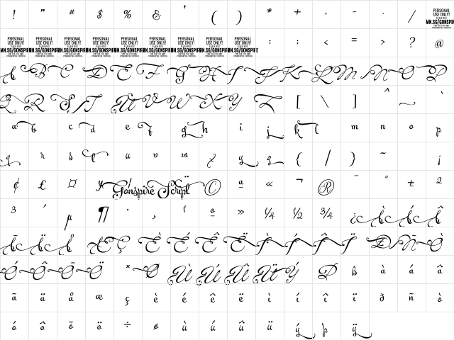 Gonspire Swash PERSONAL Regular Character Map Gonspire Swash PERSONAL Regular Character Map