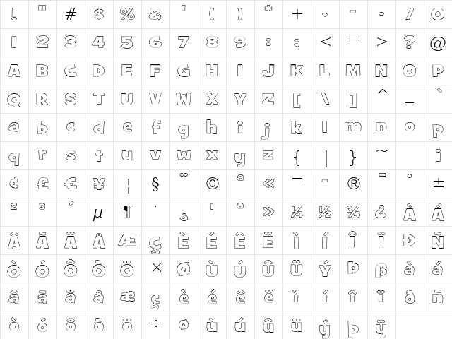 GrilledCheese BTN Out Wide Regular Character Map