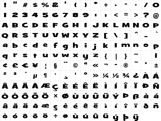 GrilledCheese BTN Wide Blk Regular Character Map