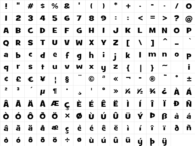 GrilledCheese BTN Wide Regular Character Map