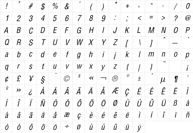 Hallmarke CondBookOblique Character Map