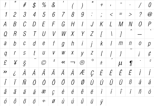 Hallmarke CondLightOblique Character Map