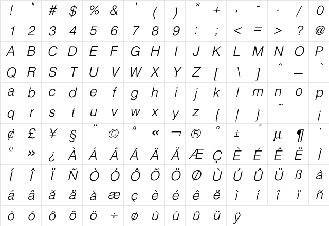 Hallmarke LightOblique Character Map
