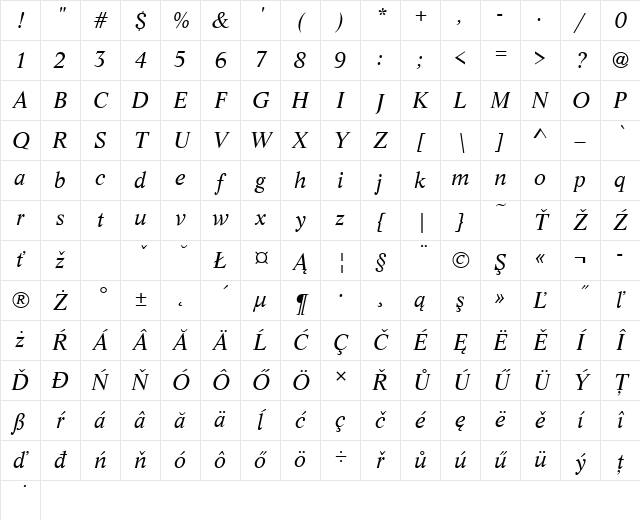 LifeTEE Italic Character Map LifeTEE Italic Character Map