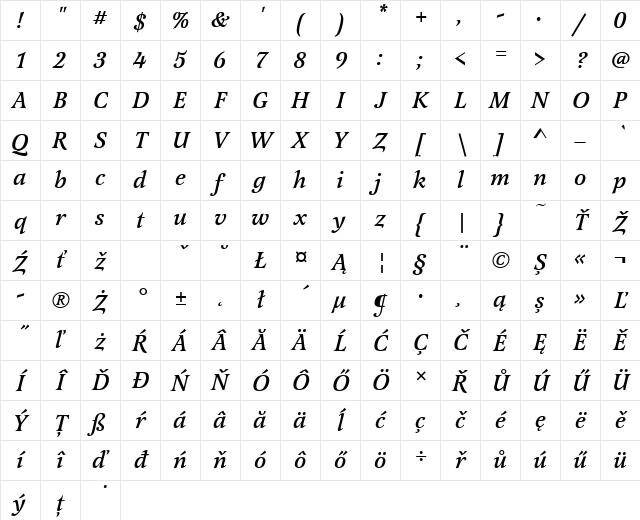 LatienneTEEMed Italic Character Map