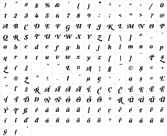 LatienneSwaTEE Bold Italic Character Map