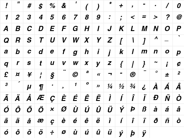 Helvetica Bold Oblique Character Map