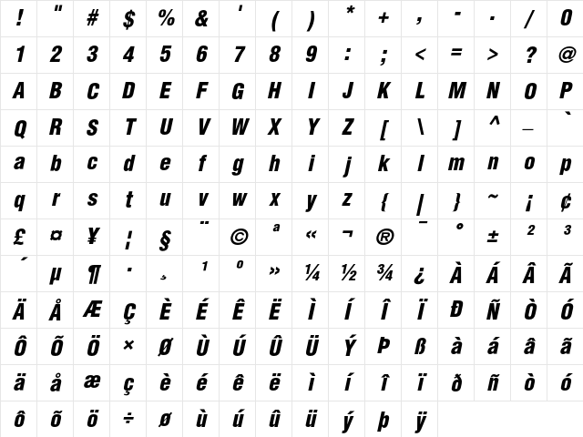 Helvetica Condensed Black Oblique Character Map