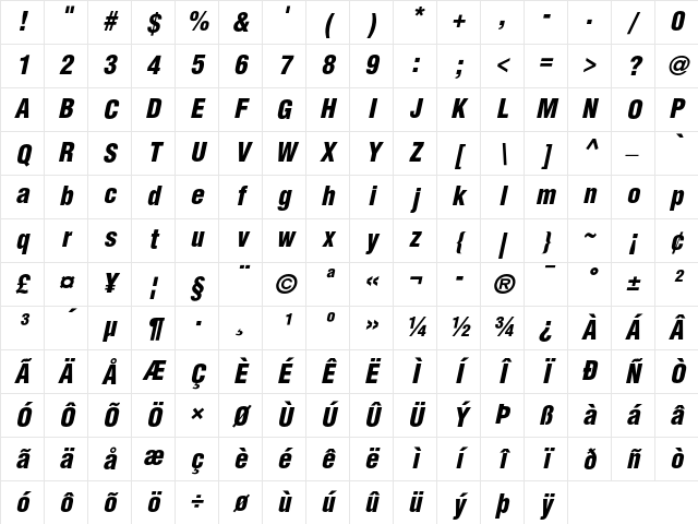 Helvetica Black Condensed Oblique Character Map