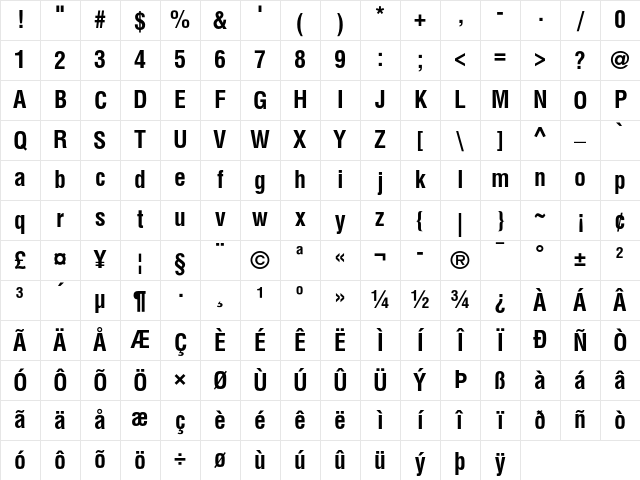 Helvetica Bold Condensed Character Map