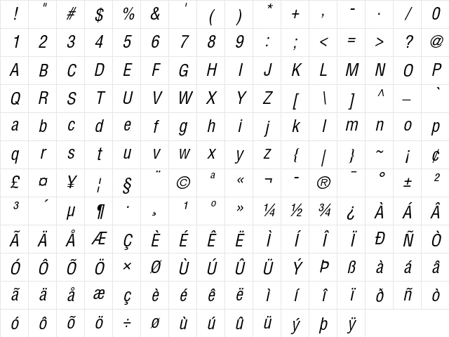 Helvetica Condensed Oblique Character Map