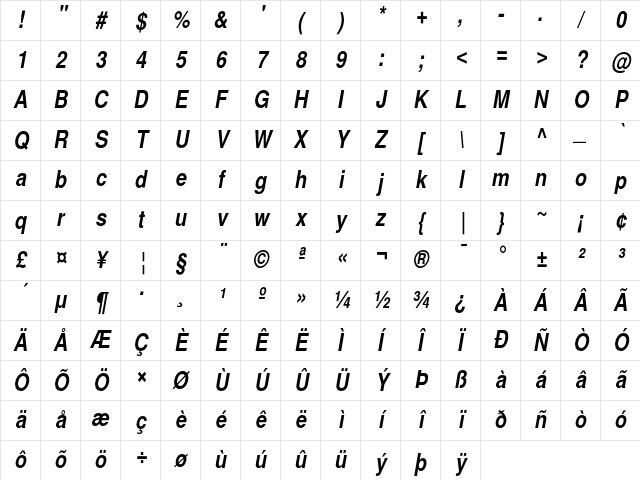 Helvetica Narrow Bold Italic Character Map