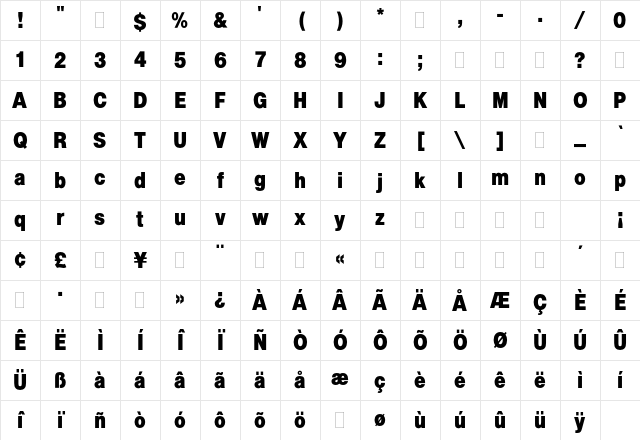 Helvetica Bold Condensed Plain Character Map