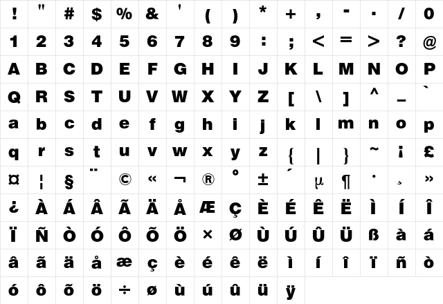 Helvetica BQ Regular Character Map