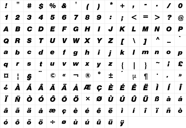 Helvetica BQ Regular Character Map