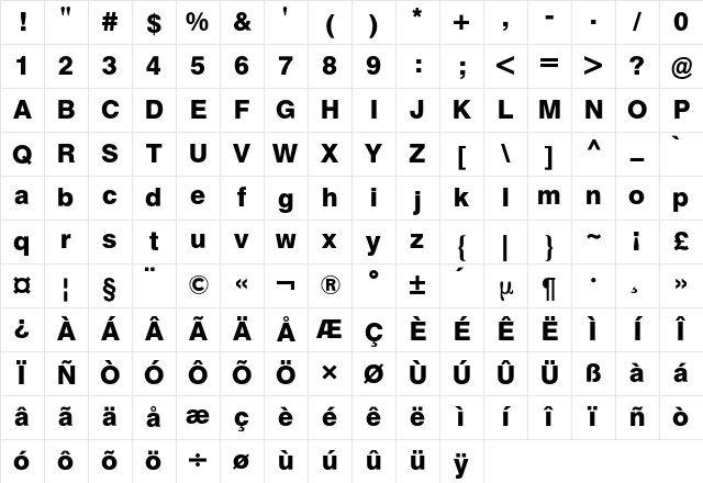 Helvetica BQ Regular Character Map