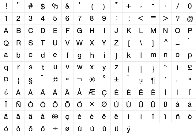 Helvetica BQ Regular Character Map