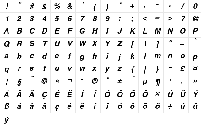 Helvetica CE Bold Oblique Character Map