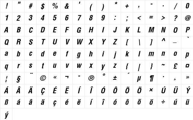 Helvetica CE Bold Condensed Oblique Character Map