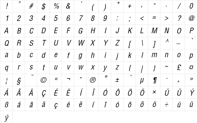 Helvetica CE Condensed Oblique Character Map