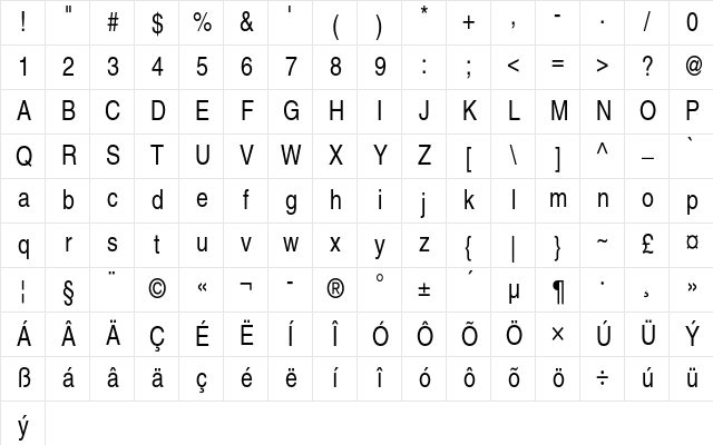 Helvetica CE Narrow Character Map