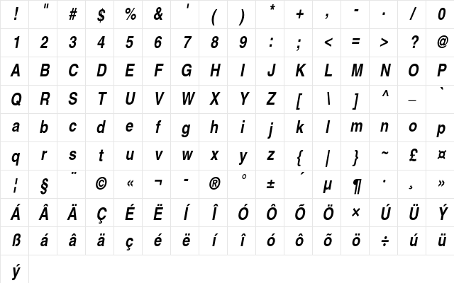 Helvetica CE Bold Narrow Oblique Character Map