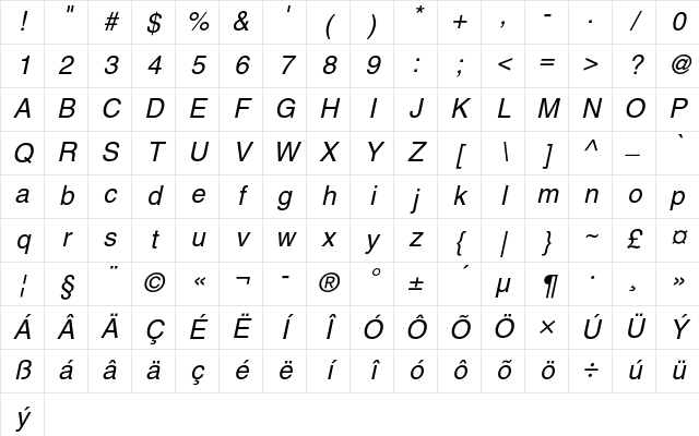 Helvetica CE Oblique Character Map