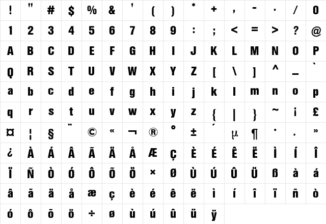 Helvetica Condensed BQ Regular Character Map