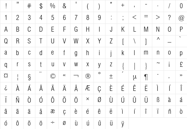 Helvetica Condensed BQ Regular Character Map