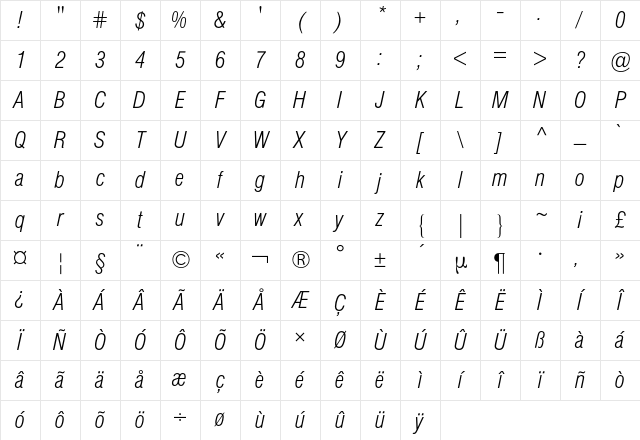 Helvetica Condensed BQ Regular Character Map