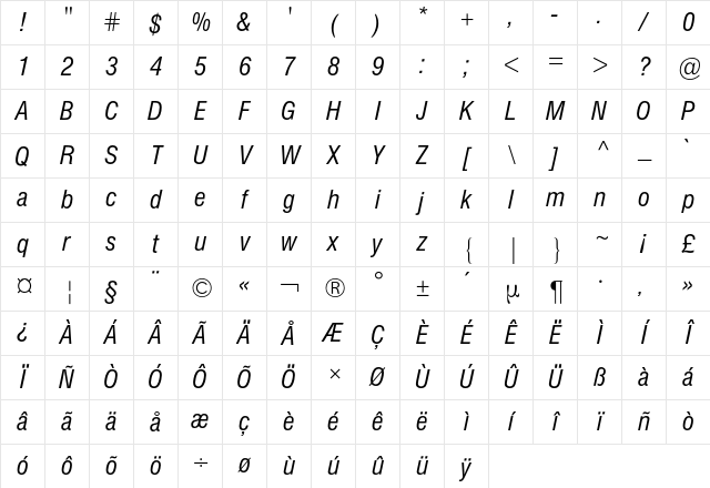Helvetica Condensed BQ Regular Character Map