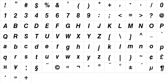 Helvetica Cyrillic Bold Inclined Character Map