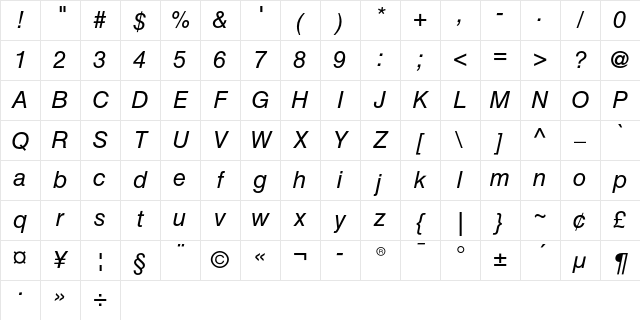 Helvetica Cyrillic Inclined Character Map