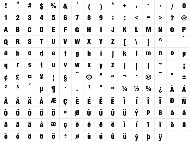 Helvetica LT Std Black Condensed Character Map