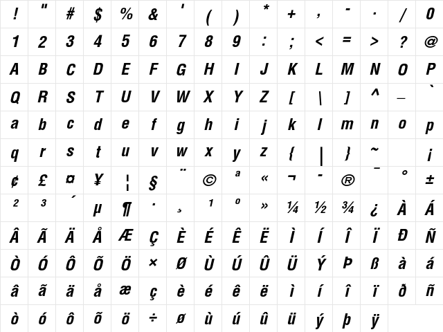 Helvetica LT Std Bold Condensed Oblique Character Map