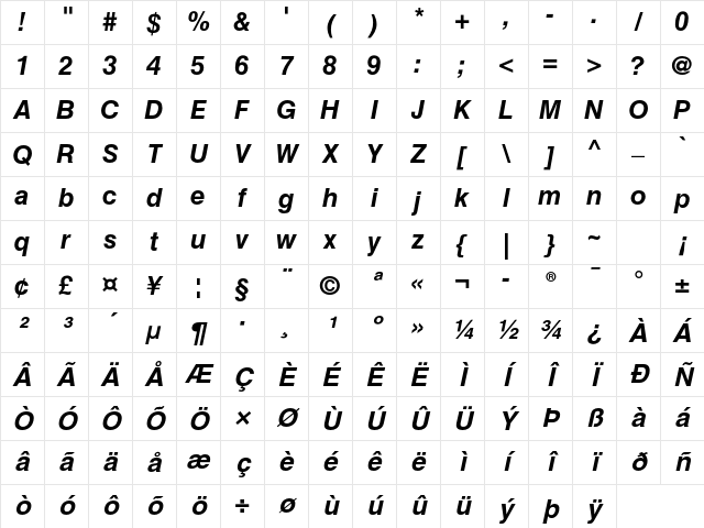 Helvetica LT Std Bold Oblique Character Map