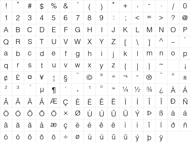 Helvetica LT Std Light Character Map