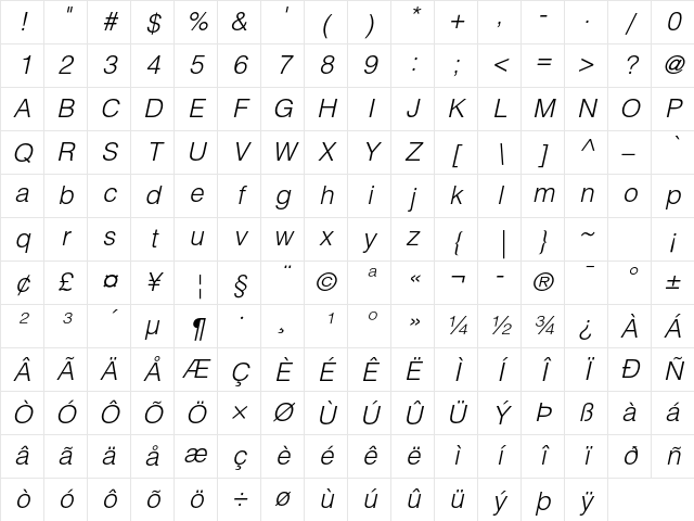 Helvetica LT Std Light Oblique Character Map
