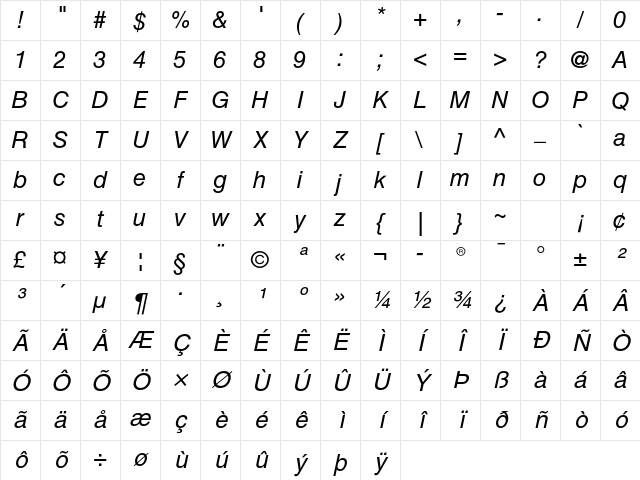 Helvetica LT Std Oblique Character Map