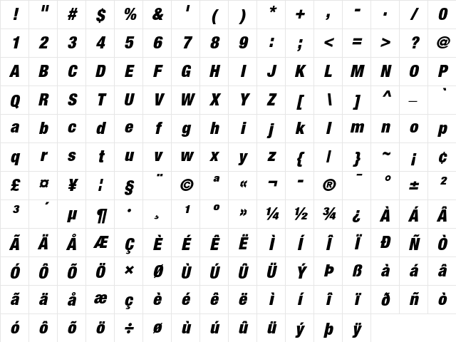 Helvetica Neue 97 Black Condensed Oblique Character Map