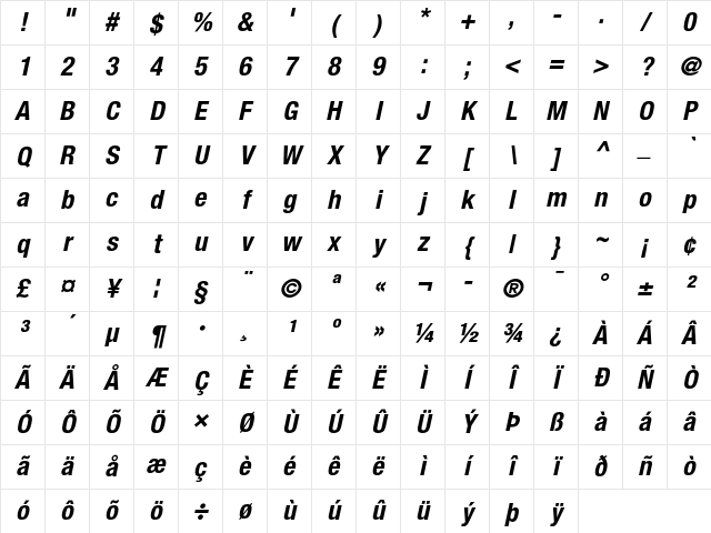 Helvetica Neue 77 Bold Condensed Oblique Character Map